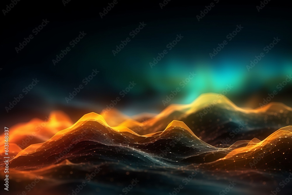 Poster abstract futuristic background with glowing neon moving high speed wave lines and bokeh lights. Data transfer concept Fantastic wallpaper. Generative AI