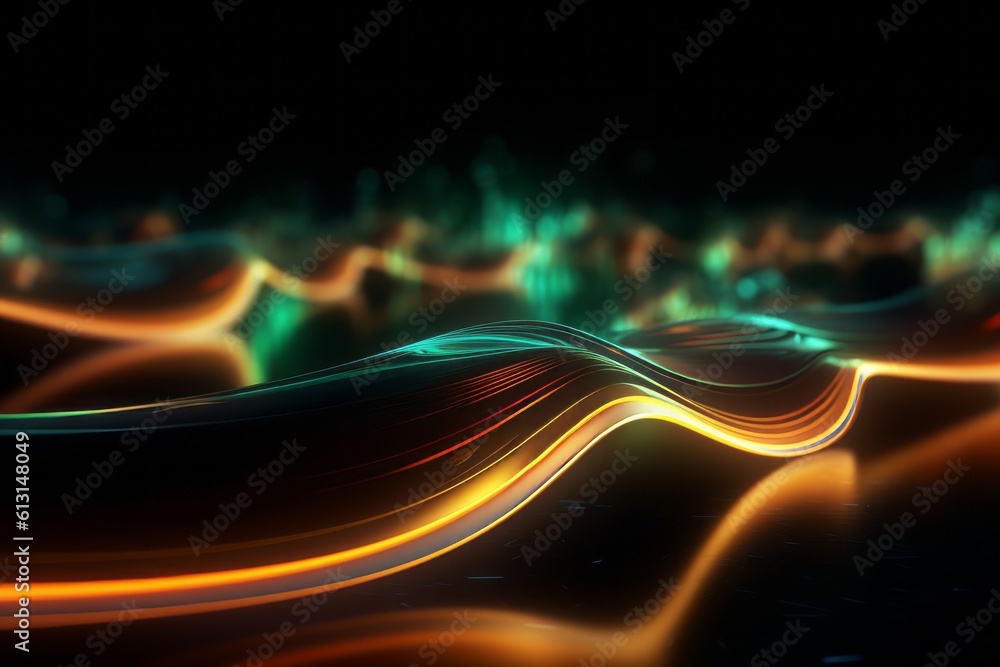 Poster abstract futuristic background with glowing neon moving high speed wave lines and bokeh lights. Data transfer concept Fantastic wallpaper. Generative AI