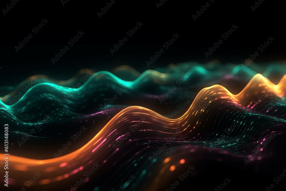 Poster abstract futuristic background with glowing neon moving high speed wave lines and bokeh lights. Data transfer concept Fantastic wallpaper. Generative AI