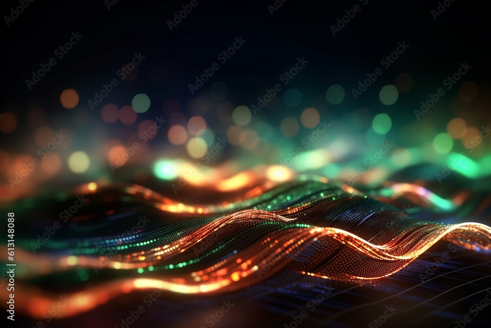 Poster abstract futuristic background with glowing neon moving high speed wave lines and bokeh lights. Data transfer concept Fantastic wallpaper. Generative AI