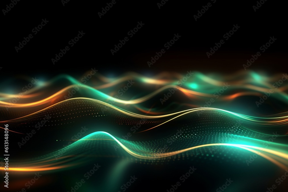 Poster abstract futuristic background with glowing neon moving high speed wave lines and bokeh lights. Data transfer concept Fantastic wallpaper. Generative AI