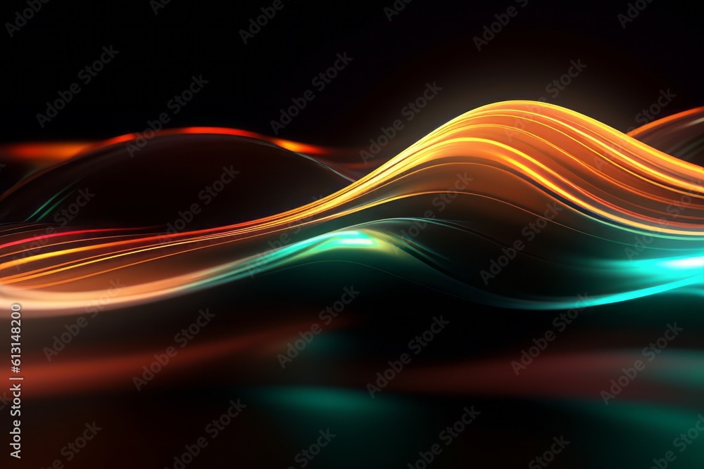 Poster abstract futuristic background with glowing neon moving high speed wave lines and bokeh lights. Data transfer concept Fantastic wallpaper. Generative AI