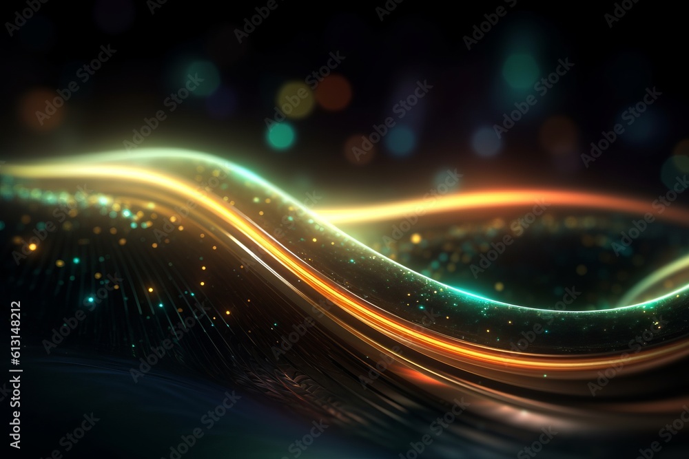 Poster abstract futuristic background with glowing neon moving high speed wave lines and bokeh lights. Data transfer concept Fantastic wallpaper. Generative AI