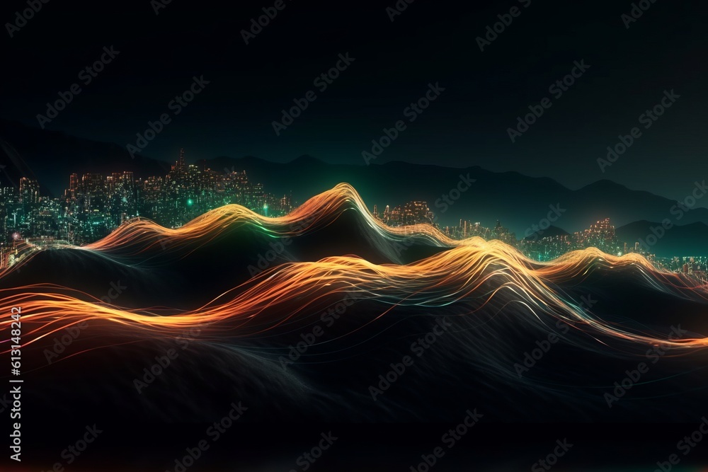 Poster abstract futuristic background with glowing neon moving high speed wave lines and bokeh lights. Data transfer concept Fantastic wallpaper. Generative AI