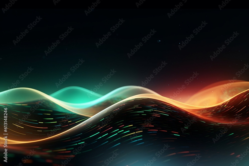 Poster abstract futuristic background with glowing neon moving high speed wave lines and bokeh lights. Data transfer concept Fantastic wallpaper. Generative AI