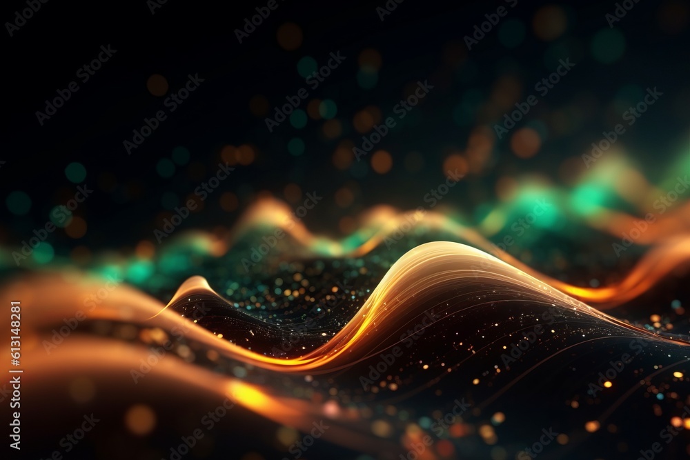 Poster abstract futuristic background with glowing neon moving high speed wave lines and bokeh lights. Data transfer concept Fantastic wallpaper. Generative AI