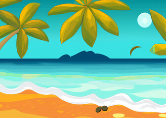 Fototapeta na wymiar abstract cartoon style illustration of tropical island, vacations in tropics, tropical paradise created with generative ai technology