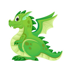 Cute green dragon standing on white background.