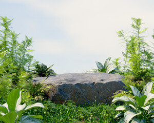 stone product display podium for cosmetic product with green nature garden background, 3d rendering.