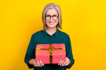 Photo of boss lady executive hold wrapped gift package prepare for corporate party colleagues...