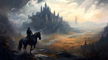 Fototapeta na wymiar Fantasy black horse rider with background castle view
