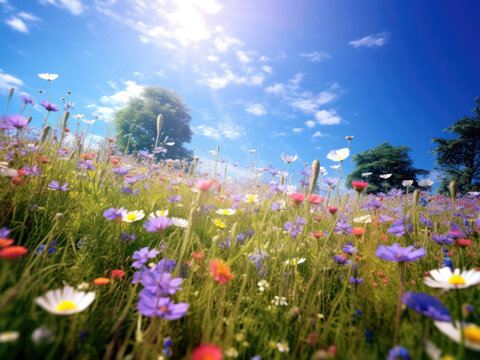Field of wild flowers and blue sky sunshine in summer