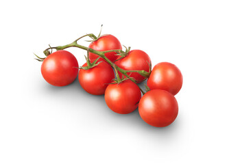 A bunch of fresh juicy red ripe tomatoes on the vine isolated against a transparent background