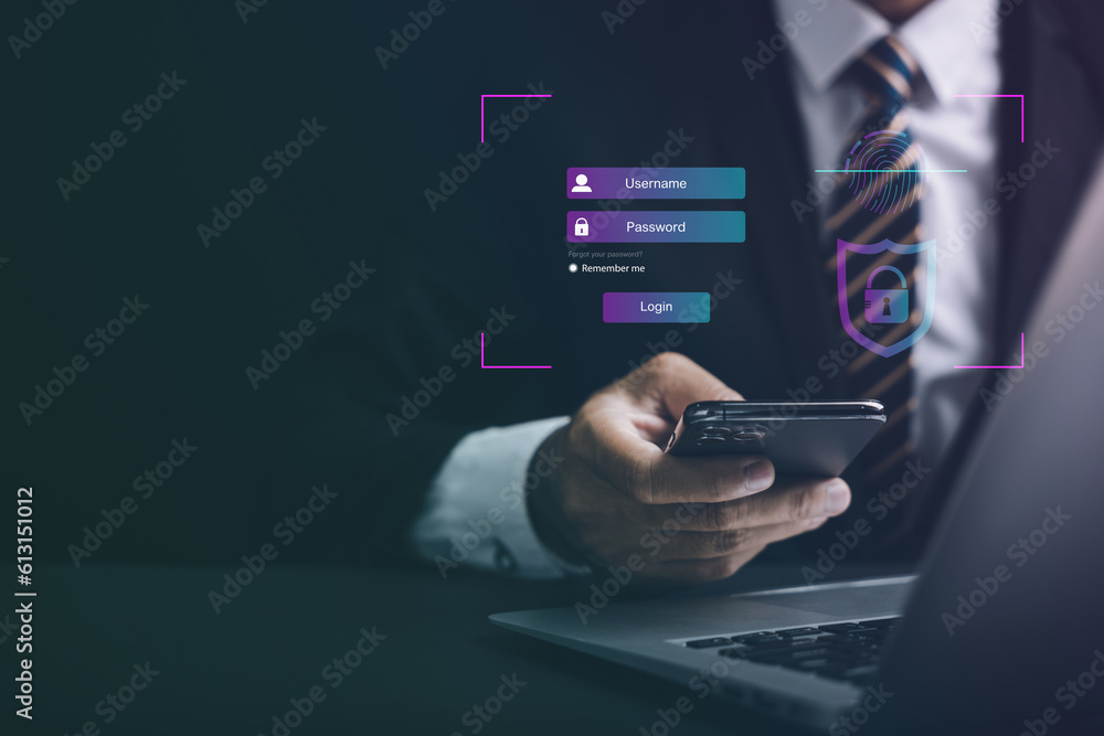 Poster security and access personal financial data with futuristic biometric fingerprint scanner on phone s