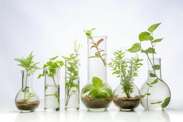 Plants in laboratory vessels for natural healing methods. Herb extract. Generative Ai.