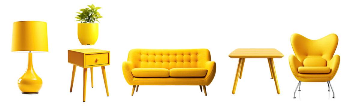 collection of yellow modern furniture items including a sofa, chair, planter, table, lamp isolated on a transparent background for interior design