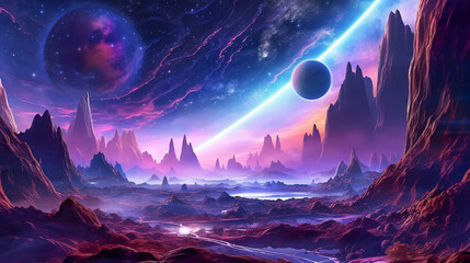 Space landscapes and planets in purple color. AI generated
