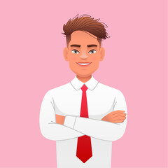 A handsome man in a shirt and tie stands with his arms crossed. Young happy businessman. Confident successful guy.