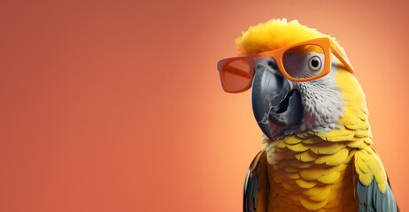 Creative animal concept. Parrot bird in sunglass shade glasses isolated on solid pastel background, commercial, editorial advertisement, surreal surrealism