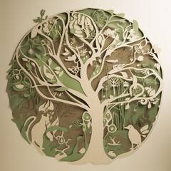 Paper Cutout of Tree Surrounded by Environmental Cutouts, Emphasizing Protection of Our Planet's Forests and Natural Resources