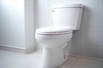 Naklejka na ściany i meble Pristine White Minimalist Toilet in Well-Lit Bathroom. Bathroom Interior.