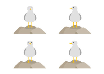 岩に止まるカモメのイラストのセット_正面
