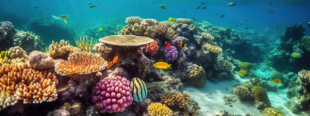 Naklejka na ściany i meble Illustration colourful underwater landscape. Banner. World Oceans Day