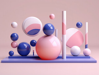 Abstract a group of pink and blue coloured spheres in different texture still life on pink background. Generated with AI technology.