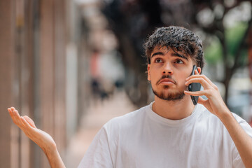 young man on the street talking on the phone with an expression of incomprehension
