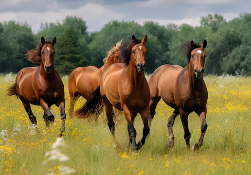 Image of flock of horses in the fertile meadows and forests. Wildlife Animals. Illustration, Generative AI.