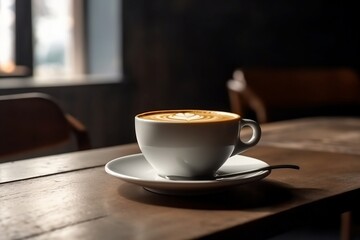 White cup of coffee on the table. 