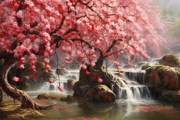 Waterside rockery plum blossom petal rain. AI generative