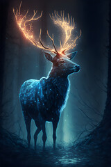 Magical reindeer in a dark forest