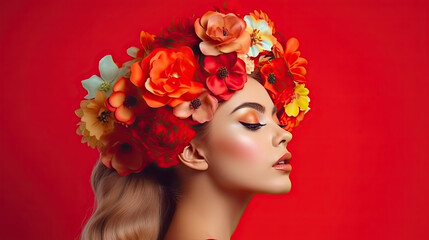 Beautiful model with flowers at hair on red backgroundd. Perfect woman face makeup close up. Lipstick. Perfect skin. Generative AI