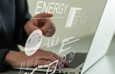 virtual screen with energy percentages hologram, virtual screen icons and global connection. Concept of energy and save money