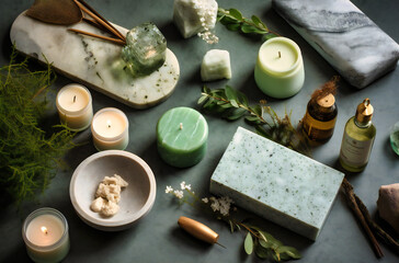 spa products are arranged on top of a marble background