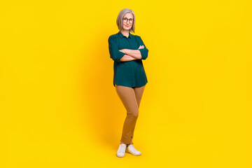 Fototapeta na wymiar Full length photo of chief expert aged lady with folded hands ready for successful career isolated on bright color background