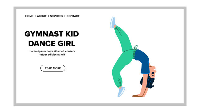 gymnast kid dance girl vector. child r, little sport, young fitness, class gym, music ics gymnast kid dance girl web flat cartoon illustration