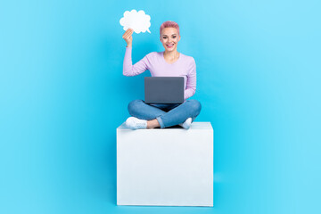 Full body cadre of young smart girl work freelance hold bubble cloud opinion her colleagues meeting laptop call isolated on blue background