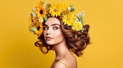 Beautiful model with flowers at hair on yellow backgroundd. Perfect woman face makeup close up. Lipstick. Perfect skin. Generative AI