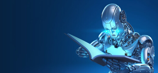 Banner robot reading a book. Robotic cyborg pressing. Blue background with copyspace for text. AI Generative