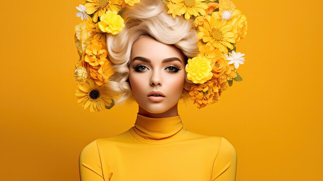 Beautiful model with flowers at hair on yellow backgroundd. Perfect woman face makeup close up. Lipstick. Perfect skin. Generative AI