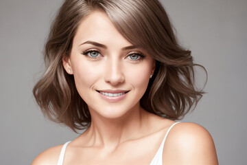 Portrait of a beautiful woman on a gray background, face close-up. Generative AI.