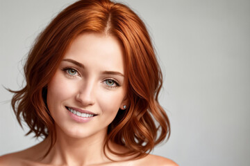 Portrait of a beautiful woman on a gray background, face close-up. Generative AI.