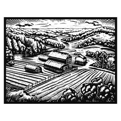 farm landscape vintage illustration