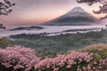 Fototapeta na wymiar Sakura blossoms in japanese style ornamental garden, beautiful landscape. Generative AI.