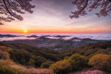 Fototapeta premium Sakura blossoms in japanese style ornamental garden, beautiful landscape. Generative AI.