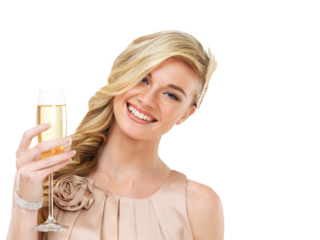 Portrait, champagne glass and happy woman isolated on a transparent png background. Fashion, face and blonde person with wine, alcohol or drink for celebration, party or event, toast and cheers.