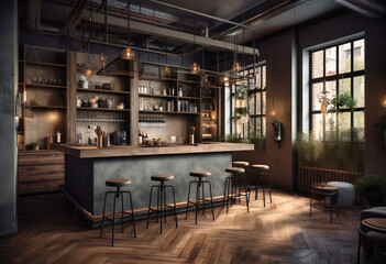 bar interior with grey wooden floors