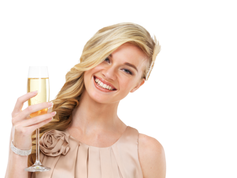 Portrait, champagne glass and happy woman isolated on a transparent png background. Fashion, face and blonde person with wine, alcohol or drink for celebration, party or event, toast and cheers.